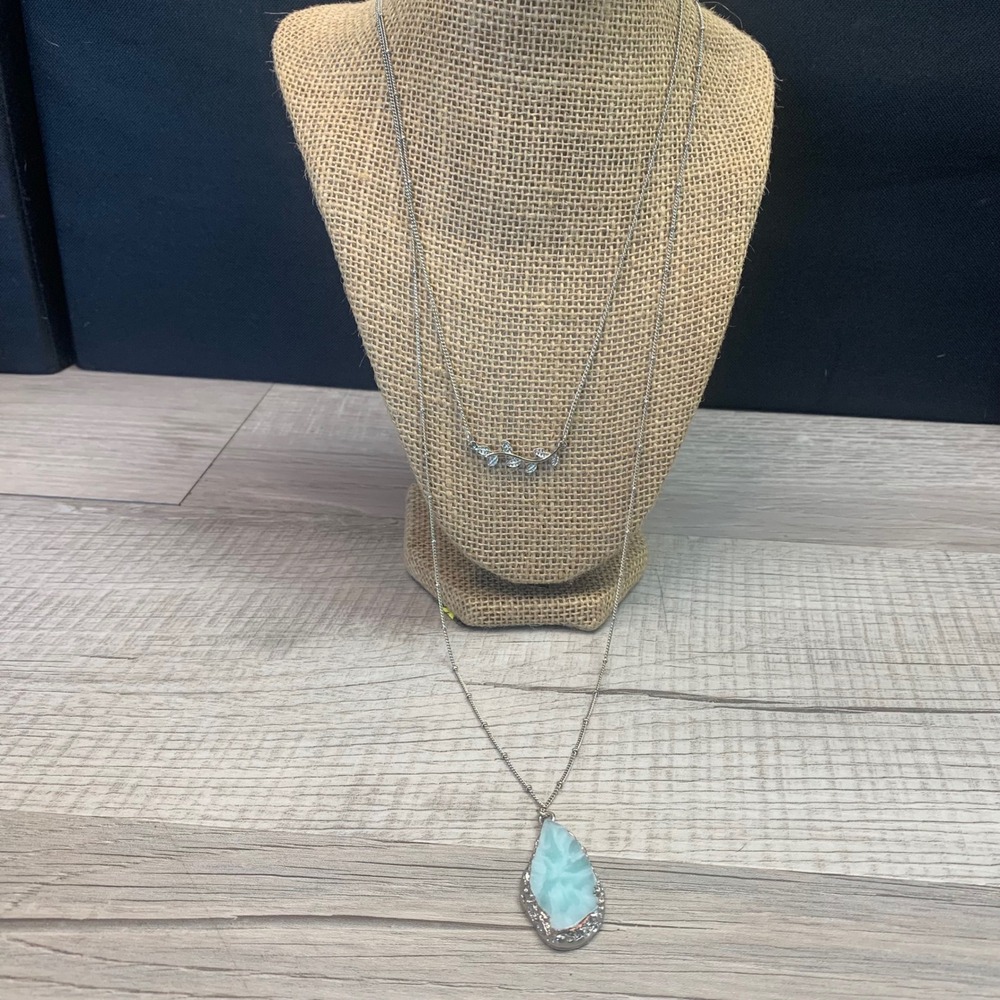 Silver Tone Layered Leaf Vine and Faux Larimar Teardrop Pendant Necklace 20"